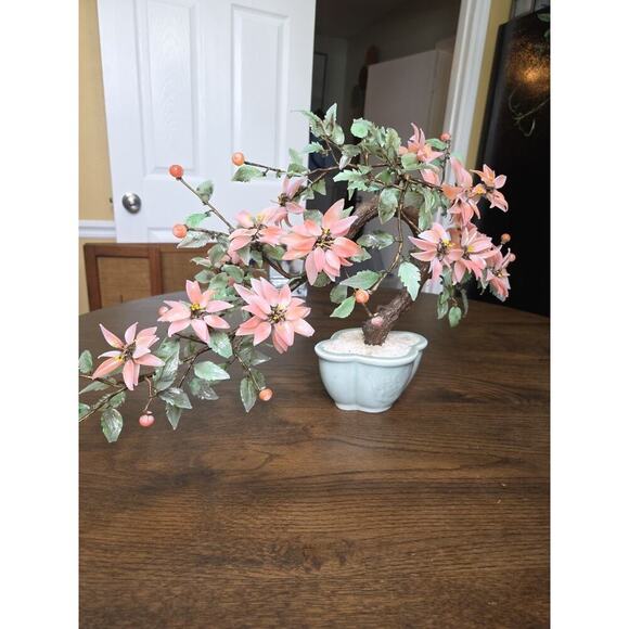 Vintage Chinese Glass Stone Jade Cherry Blossom Bonsai Tree Pink Flowers 14" - Picture 5 of 16